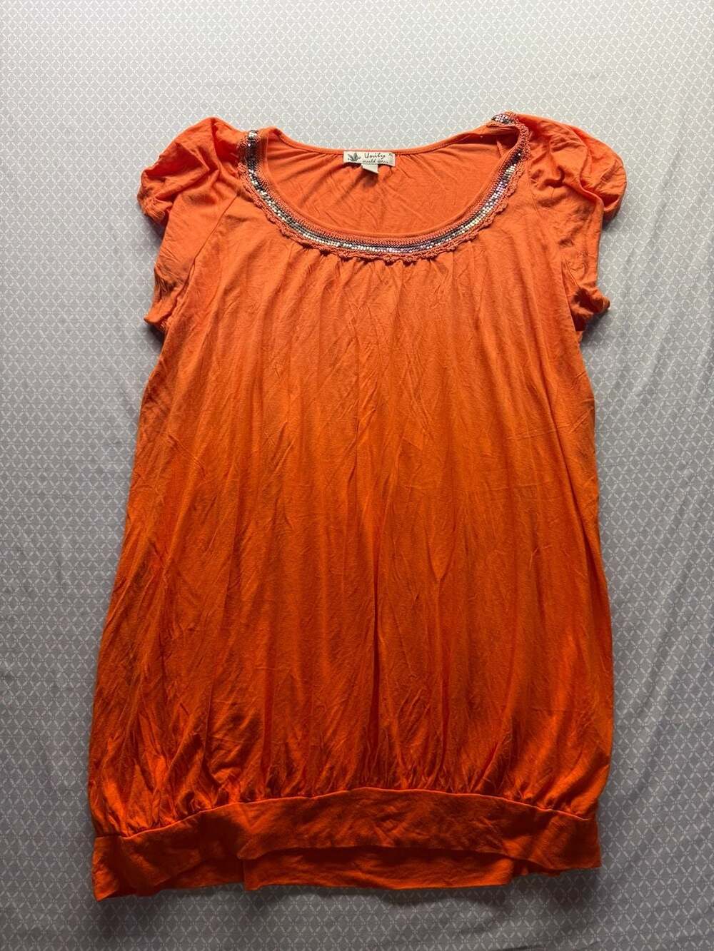 Unity World Wear Women's Orange Flutter Sleeve Embellished Neckline Top Size XL